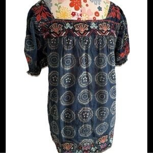 Johnny Was Embroidered Top. Small. Blue Festival Bohemian Floral Ruffle Smock